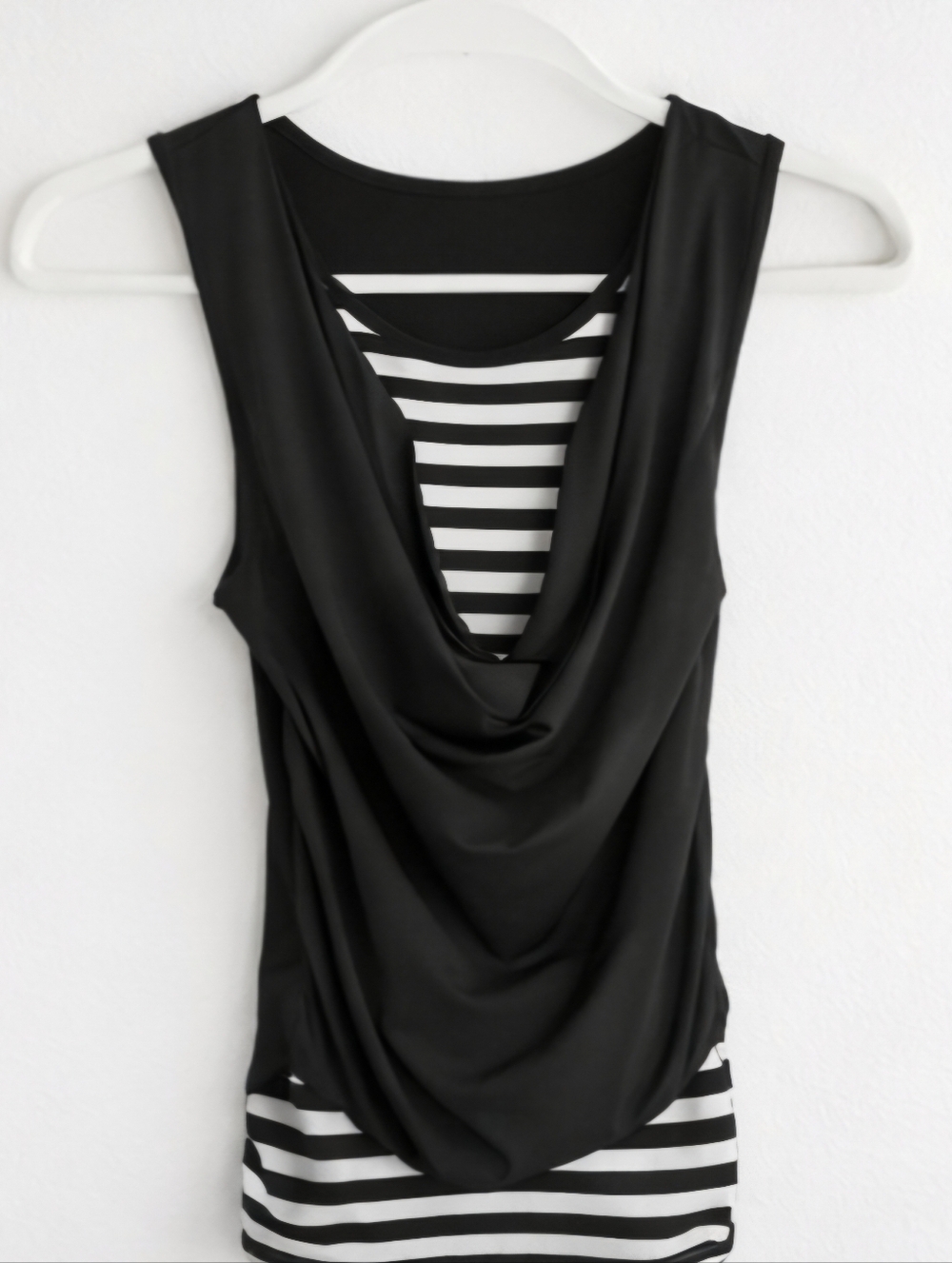 Bodycon Black Draped Mini Dress with Striped Underlayer NWOT